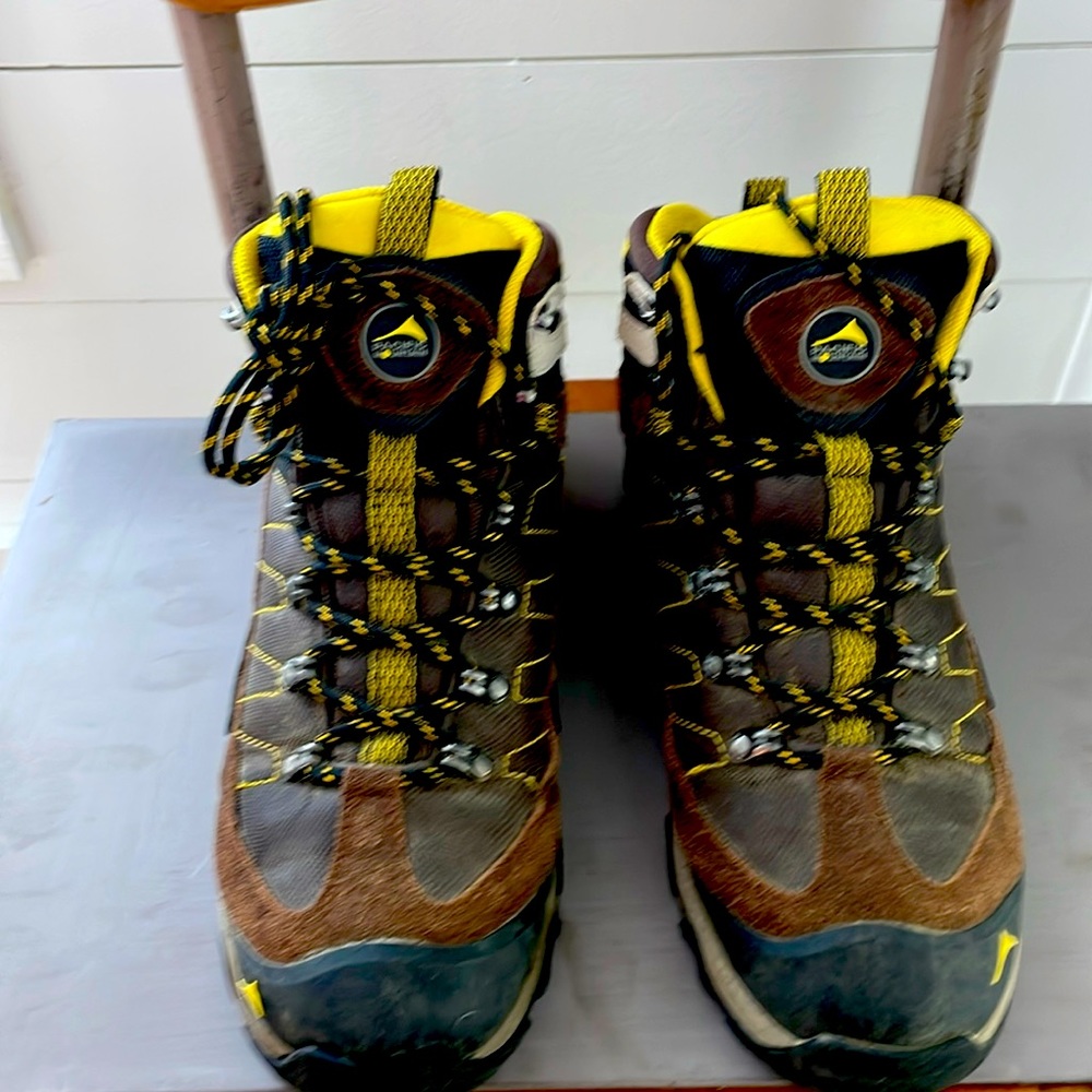 Leather hiking boots with tough non skid rubber sole.